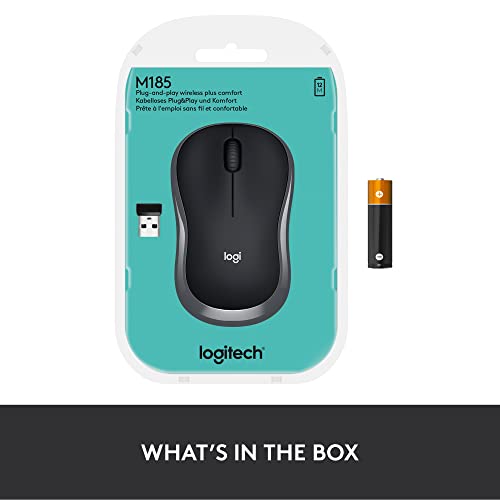 Logitech M185 Wireless Mouse, 2.4GHz with USB Mini Receiver, 12-Month Battery Life, 1000 DPI Optical Tracking, Ambidextrous, Compatible with PC, Mac, Laptop - Grey