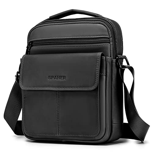 SPAHER Men Leather Handbags Shoulder Bags Messenger Business Crossbody Satchel Sling Waterproof Travel Bag Daily Man Gift with Adjustable Shoulder Strap
