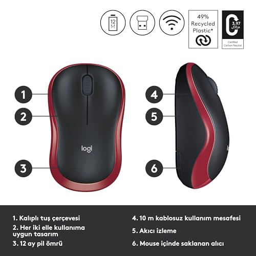 Logitech M185 Wireless Mouse, 2.4GHz with USB Mini Receiver, 12-Month Battery Life, 1000 DPI Optical Tracking, Ambidextrous, Compatible with PC, Mac, Laptop - Grey