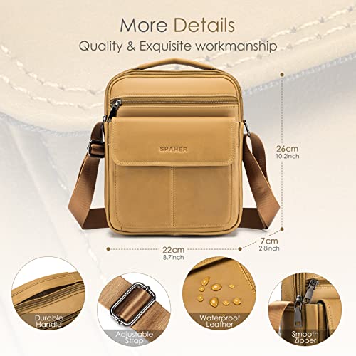 SPAHER Men Leather Handbags Shoulder Bags Messenger Business Crossbody Satchel Sling Waterproof Travel Bag Daily Man Gift with Adjustable Shoulder Strap