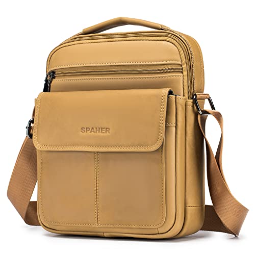SPAHER Men Leather Handbags Shoulder Bags Messenger Business Crossbody Satchel Sling Waterproof Travel Bag Daily Man Gift with Adjustable Shoulder Strap