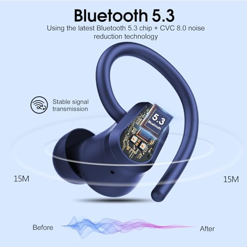 Wireless Earbuds, 2023 Earphones Bluetooth 5.3 Headphones Wireless, Earbuds with Earhooks,Waterproof Stereo Headphones Sport, Dual LED Display, Black