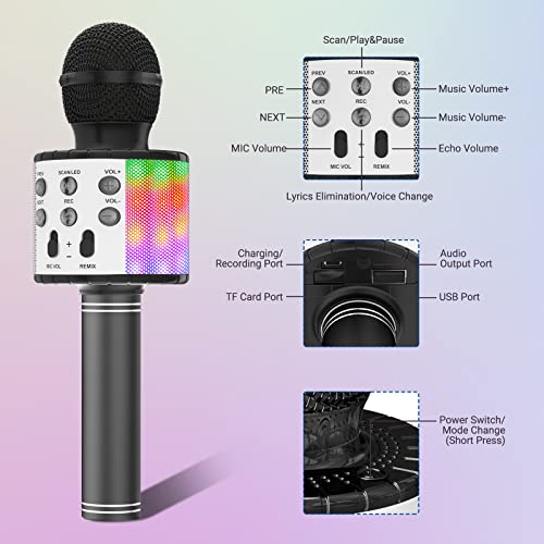 Ankuka Karaoke Wireless Microphone, 4 in 1 Handheld Bluetooth Speaker Machine Dancing LED Lights, Home KTV Player Compatible with Android & iOS Devices