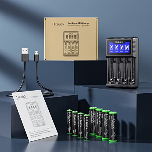 HiQuick 8 x 2800mAh AA NI-MH Rechargeable Batteries with 4-slot LCD Batter Charger, Fast Charging Function, Type C and Micro USB Input, Battery and Charger Set