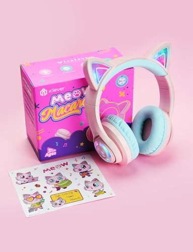 iClever Bluetooth Kids Headphones,Cat Ear LED Light Up Kids Wireless Headphones, 50H Playtime Volume Limiting Children Headphones with Microphone Over Ear for School/Tablet/PC
