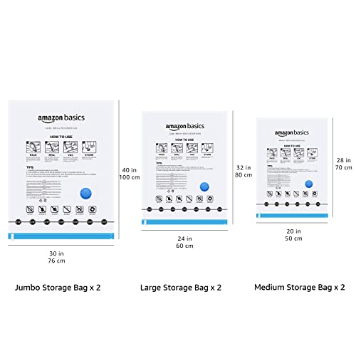 Amazon Basics Vacuum Compression Zipper Storage Bags with Airtight Valve and Hand Pump, Large, 5-Pack, Clear