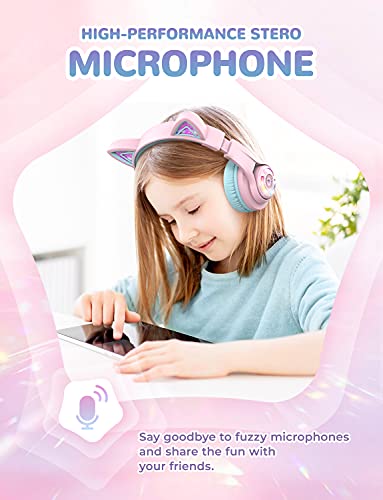 iClever Bluetooth Kids Headphones,Cat Ear LED Light Up Kids Wireless Headphones, 50H Playtime Volume Limiting Children Headphones with Microphone Over Ear for School/Tablet/PC