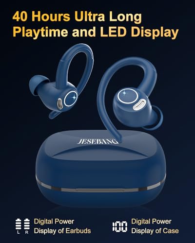Jesebang Wireless Earbuds Bluetooth 5.3 – HiFi Stereo Sound with ENC Mic, Sport Ear Hooks, 40H Playtime, Dual LED Display