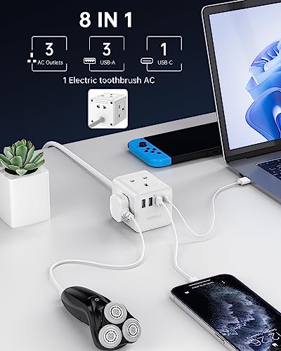 Kemelo Cube Extension Lead with 4 USB Ports – 4-Way 13A/3250W Power Strip with Child Safety, 1.5M Cable, UK Desktop Multi Plug Socket