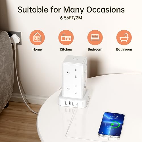 Tower Extension lead with USB Slots, 8 Way Extension Lead Surge Protection with Switch 8 AC Outlets & 4 USB Ports Plug Extension Socket Cable 2M Mini Power Strip for Home