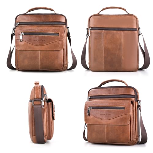 SPAHER Men Leather Handbags Shoulder Bags Messenger Business Crossbody Satchel Sling Waterproof Travel Bag Daily Man Gift with Adjustable Shoulder Strap