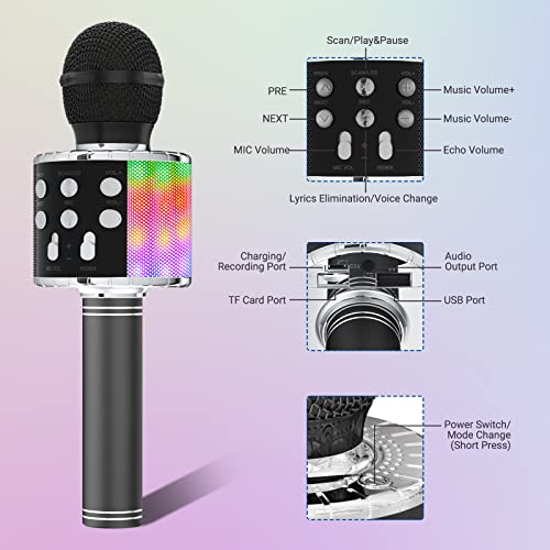 Ankuka Karaoke Wireless Microphone, 4 in 1 Handheld Bluetooth Speaker Machine Dancing LED Lights, Home KTV Player Compatible with Android & iOS Devices