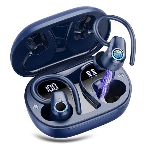 Wireless Earbuds, 2023 Earphones Bluetooth 5.3 Headphones Wireless, Earbuds with Earhooks,Waterproof Stereo Headphones Sport, Dual LED Display, Black