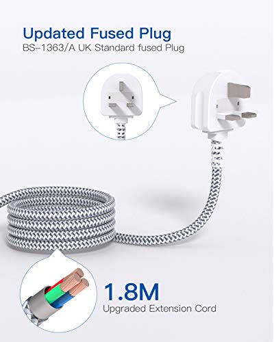 Extension Lead with USB Slots,6 Way Outlets 5 USB with 1.8M Braided Extension cord,Security Surge Protection Plug Extension Socket