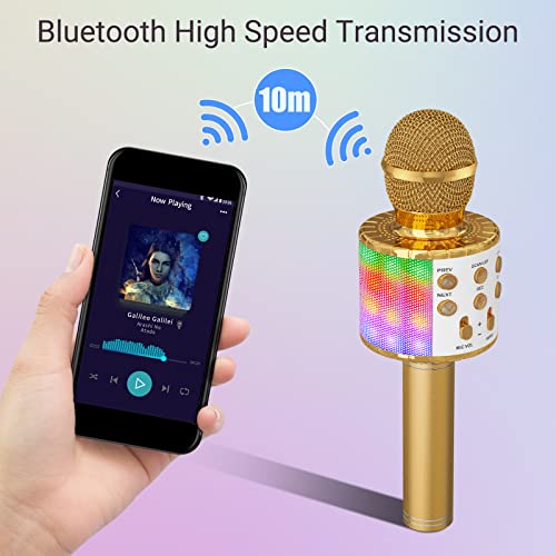 Ankuka Karaoke Wireless Microphone, 4 in 1 Handheld Bluetooth Speaker Machine Dancing LED Lights, Home KTV Player Compatible with Android & iOS Devices