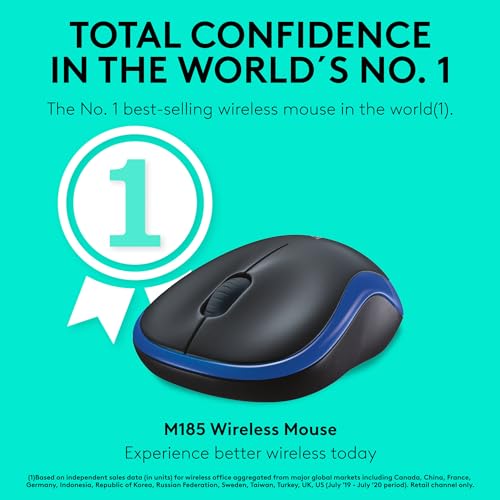 Logitech M185 Wireless Mouse, 2.4GHz with USB Mini Receiver, 12-Month Battery Life, 1000 DPI Optical Tracking, Ambidextrous, Compatible with PC, Mac, Laptop - Grey