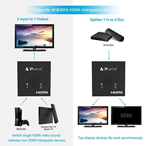 HDMI Switch 4K 60Hz, PORTTA Bi-Directional HDMI Splitter 1 in 2 out, HDMI 2.0 Switcher 2 in 1 out hub support HDR HDCP2.3 3D Compatible with Blu-ray XBox PS4 PS5 fire stick HDTV Monitor -Black