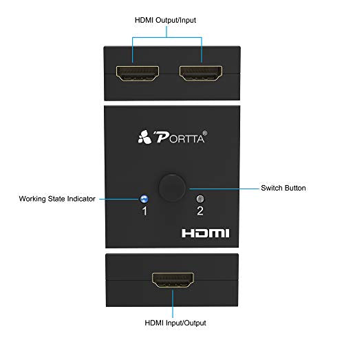 HDMI Switch 4K 60Hz, PORTTA Bi-Directional HDMI Splitter 1 in 2 out, HDMI 2.0 Switcher 2 in 1 out hub support HDR HDCP2.3 3D Compatible with Blu-ray XBox PS4 PS5 fire stick HDTV Monitor -Black