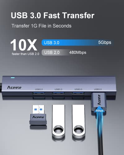 Aceele USB Hub 3.0 with 4ft Long USB Extension Cable, Splitter 4 Port with 5Gbps Data Transfer, Extender for Laptop, Desktop PC, MacBook