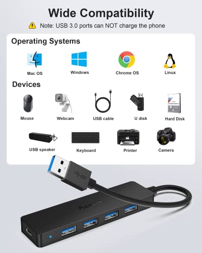 Aceele USB Hub 3.0 with 4ft Long USB Extension Cable, Splitter 4 Port with 5Gbps Data Transfer, Extender for Laptop, Desktop PC, MacBook