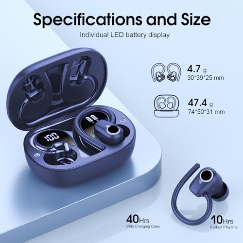 Wireless Earbuds, 2023 Earphones Bluetooth 5.3 Headphones Wireless, Earbuds with Earhooks,Waterproof Stereo Headphones Sport, Dual LED Display, Black