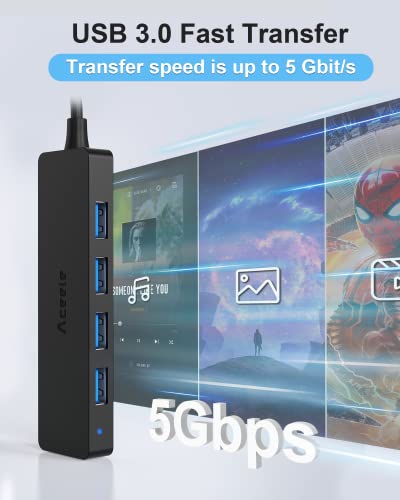 Aceele USB Hub 3.0 with 4ft Long USB Extension Cable, Splitter 4 Port with 5Gbps Data Transfer, Extender for Laptop, Desktop PC, MacBook