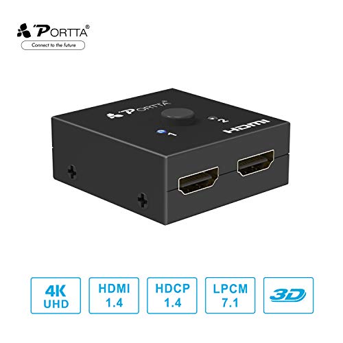 HDMI Switch 4K 60Hz, PORTTA Bi-Directional HDMI Splitter 1 in 2 out, HDMI 2.0 Switcher 2 in 1 out hub support HDR HDCP2.3 3D Compatible with Blu-ray XBox PS4 PS5 fire stick HDTV Monitor -Black