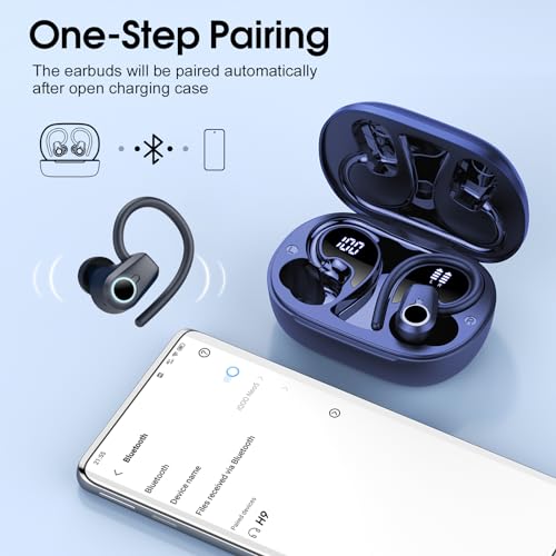 Wireless Earbuds, 2023 Earphones Bluetooth 5.3 Headphones Wireless, Earbuds with Earhooks,Waterproof Stereo Headphones Sport, Dual LED Display, Black