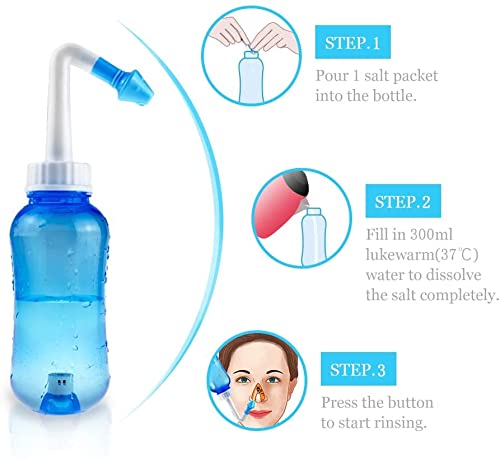Neti Pot, Sinus Rinse Bottle 300ml, Nose Cleaner, Nasal Irrigation System with 30 Nasal Wash Salt Packets and Sticker Thermometer for Adult & Kid BPA Free