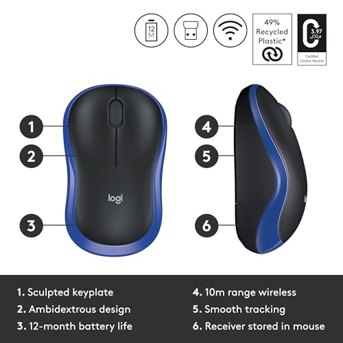 Logitech M185 Wireless Mouse, 2.4GHz with USB Mini Receiver, 12-Month Battery Life, 1000 DPI Optical Tracking, Ambidextrous, Compatible with PC, Mac, Laptop - Grey