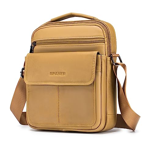 SPAHER Men Leather Handbags Shoulder Bags Messenger Business Crossbody Satchel Sling Waterproof Travel Bag Daily Man Gift with Adjustable Shoulder Strap