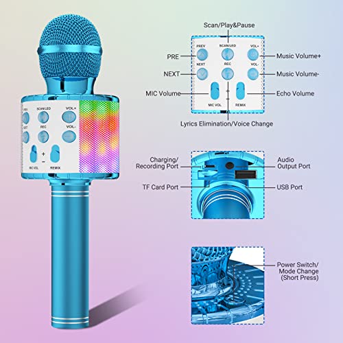 Ankuka Karaoke Wireless Microphone, 4 in 1 Handheld Bluetooth Speaker Machine Dancing LED Lights, Home KTV Player Compatible with Android & iOS Devices