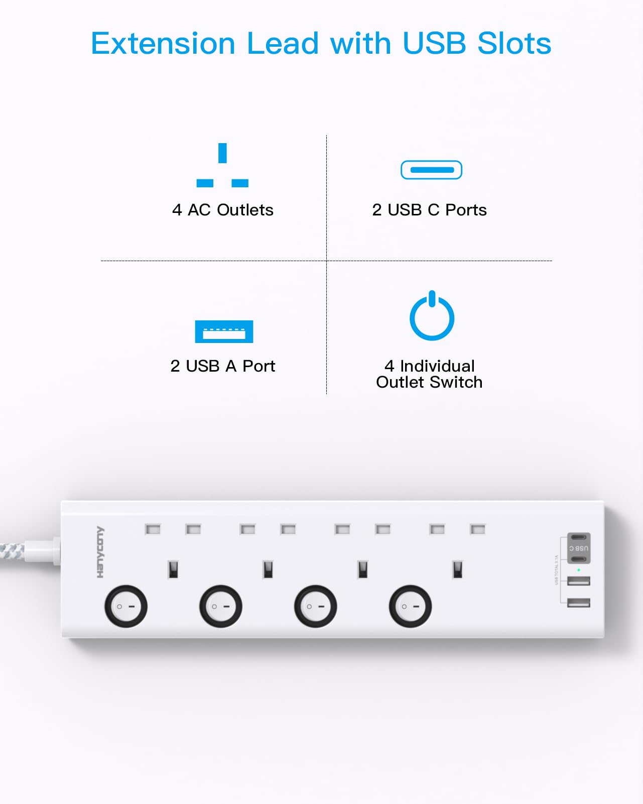 Extension Lead with 4 USB Slots(2 USB C), 4 Way Plug Extension Socket with Individual Switches, 1.8M Extension Cable, Wall Mount Extension Cord
