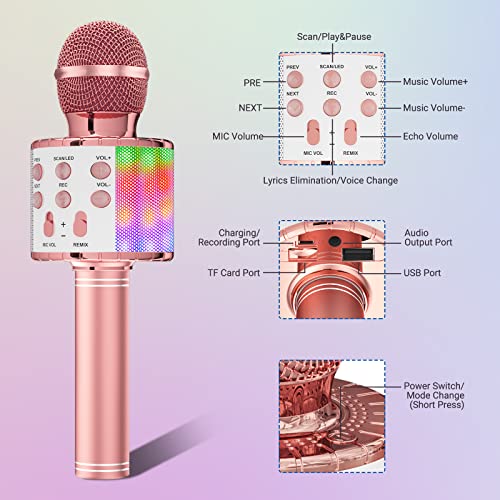 Ankuka Karaoke Wireless Microphone, 4 in 1 Handheld Bluetooth Speaker Machine Dancing LED Lights, Home KTV Player Compatible with Android & iOS Devices