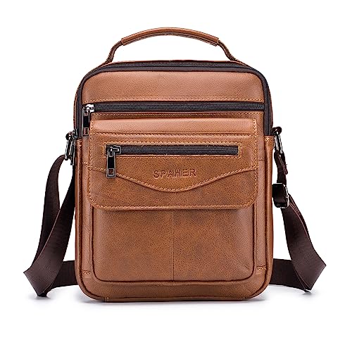 SPAHER Men Leather Handbags Shoulder Bags Messenger Business Crossbody Satchel Sling Waterproof Travel Bag Daily Man Gift with Adjustable Shoulder Strap