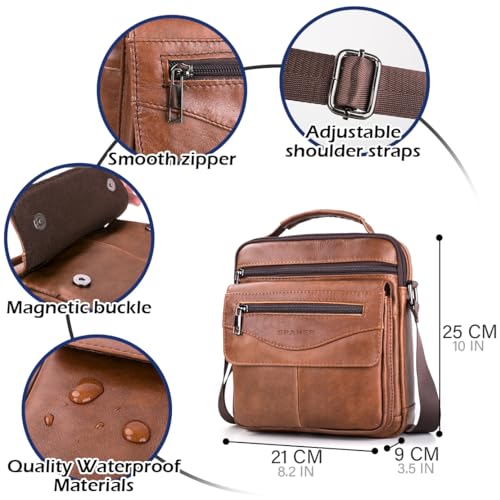 SPAHER Men Leather Handbags Shoulder Bags Messenger Business Crossbody Satchel Sling Waterproof Travel Bag Daily Man Gift with Adjustable Shoulder Strap