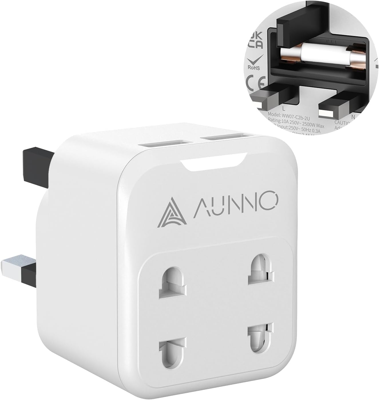 AUNNO Double Shaver Plug Adaptor UK with 2 USB Ports, 2500W 4 in 1 Plug Adapter for Bathroom Electric Razor and Electric Toothbrush etc, 2 Pin to 3 Pin Plug Adapter with 10A Fuse