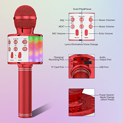 Ankuka Karaoke Wireless Microphone, 4 in 1 Handheld Bluetooth Speaker Machine Dancing LED Lights, Home KTV Player Compatible with Android & iOS Devices