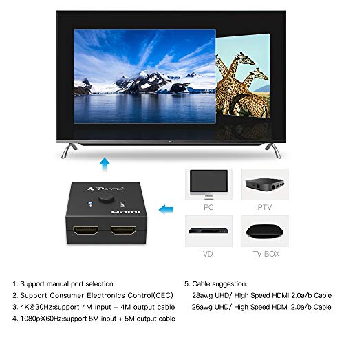 HDMI Switch 4K 60Hz, PORTTA Bi-Directional HDMI Splitter 1 in 2 out, HDMI 2.0 Switcher 2 in 1 out hub support HDR HDCP2.3 3D Compatible with Blu-ray XBox PS4 PS5 fire stick HDTV Monitor -Black