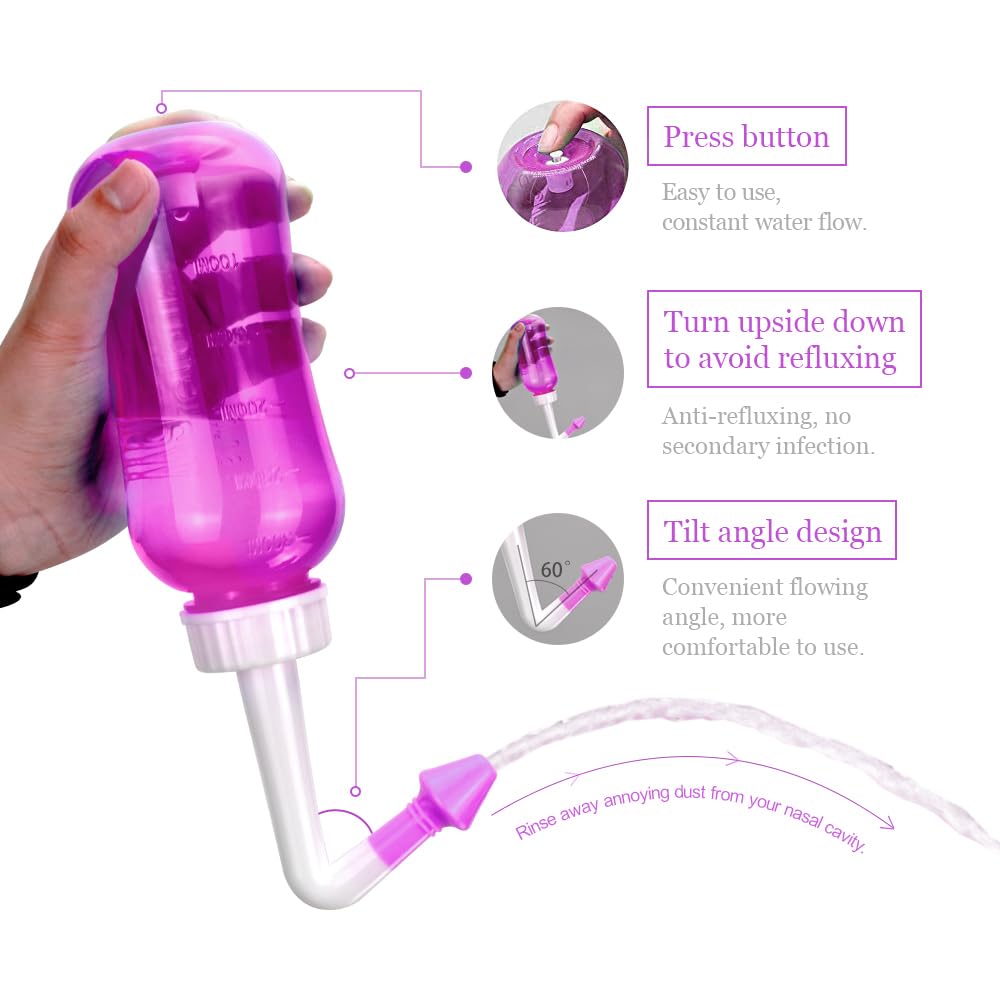 Neti Pot, Sinus Rinse Bottle 300ml, Nose Cleaner, Nasal Irrigation System with 30 Nasal Wash Salt Packets and Sticker Thermometer for Adult & Kid BPA Free