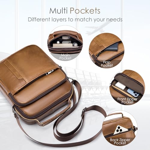 SPAHER Men Leather Handbags Shoulder Bags Messenger Business Crossbody Satchel Sling Waterproof Travel Bag Daily Man Gift with Adjustable Shoulder Strap