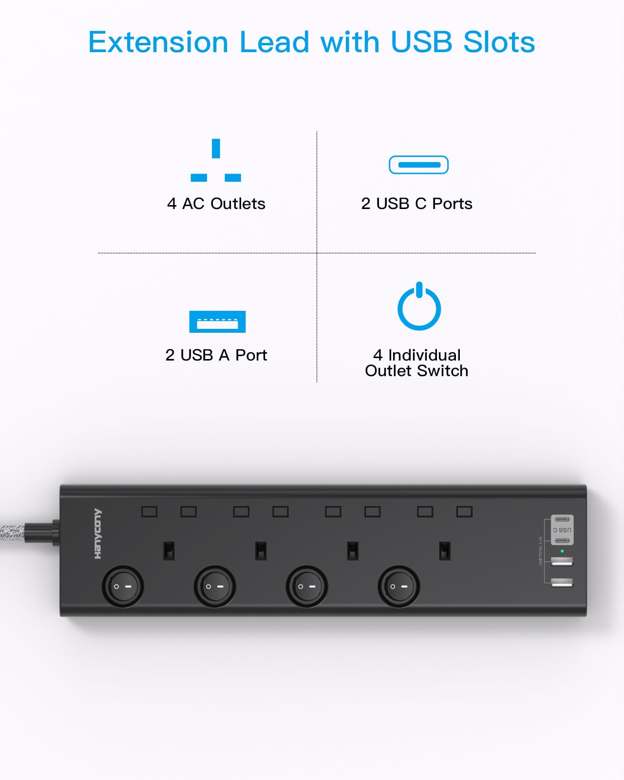 Extension Lead with 4 USB Slots(2 USB C), 4 Way Plug Extension Socket with Individual Switches, 1.8M Extension Cable, Wall Mount Extension Cord