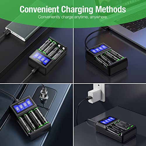 HiQuick 8 x 2800mAh AA NI-MH Rechargeable Batteries with 4-slot LCD Batter Charger, Fast Charging Function, Type C and Micro USB Input, Battery and Charger Set