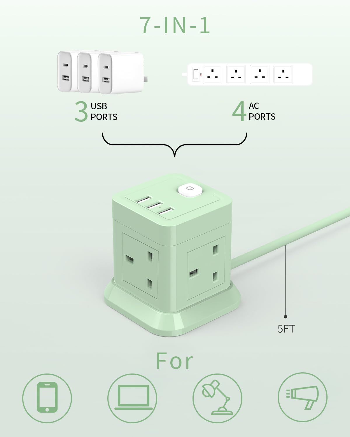 Cube Extension Lead with USB Slots, BEVA 4 Way Multi Plug Power Strip with 3 USB Ports, Desktop Power Extension Socket with 1.5M Extension Cords for Home Dorm Office