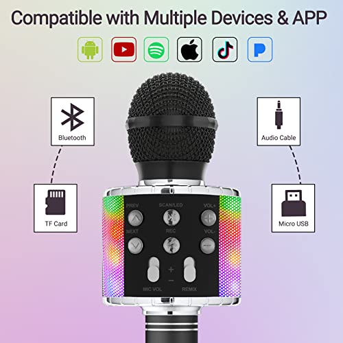 Ankuka Karaoke Wireless Microphone, 4 in 1 Handheld Bluetooth Speaker Machine Dancing LED Lights, Home KTV Player Compatible with Android & iOS Devices