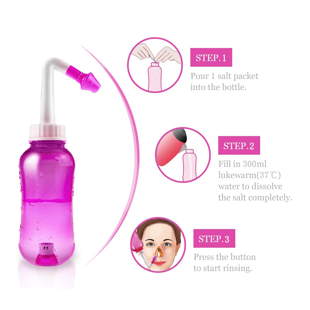 Neti Pot, Sinus Rinse Bottle 300ml, Nose Cleaner, Nasal Irrigation System with 30 Nasal Wash Salt Packets and Sticker Thermometer for Adult & Kid BPA Free