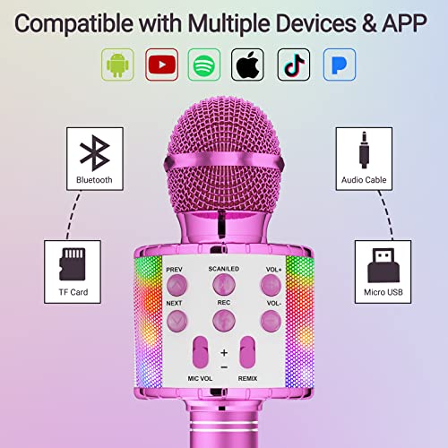 Ankuka Karaoke Wireless Microphone, 4 in 1 Handheld Bluetooth Speaker Machine Dancing LED Lights, Home KTV Player Compatible with Android & iOS Devices