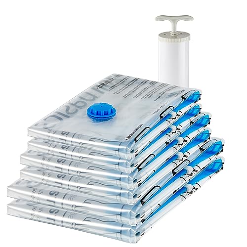 Amazon Basics Vacuum Compression Zipper Storage Bags with Airtight Valve and Hand Pump, Large, 5-Pack, Clear