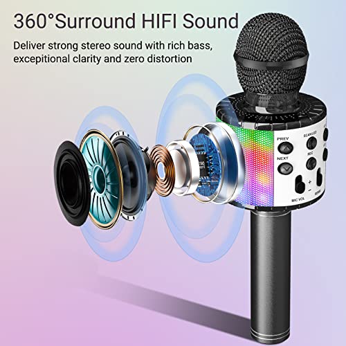 Ankuka Karaoke Wireless Microphone, 4 in 1 Handheld Bluetooth Speaker Machine Dancing LED Lights, Home KTV Player Compatible with Android & iOS Devices