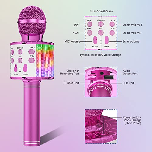 Ankuka Karaoke Wireless Microphone, 4 in 1 Handheld Bluetooth Speaker Machine Dancing LED Lights, Home KTV Player Compatible with Android & iOS Devices
